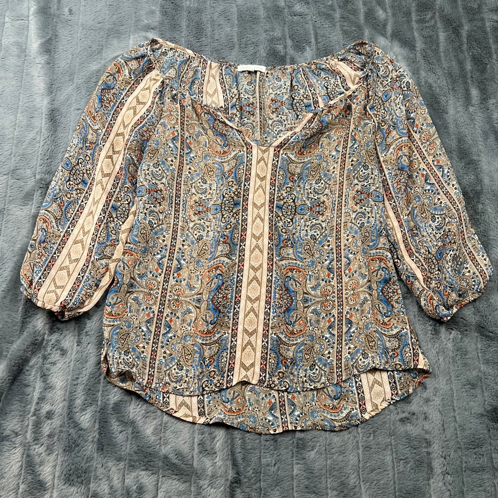 Charlotte Russe Womens Blue Tan Paisley Peasant Blouse 3/4 Sleeve Top ENT2189 M